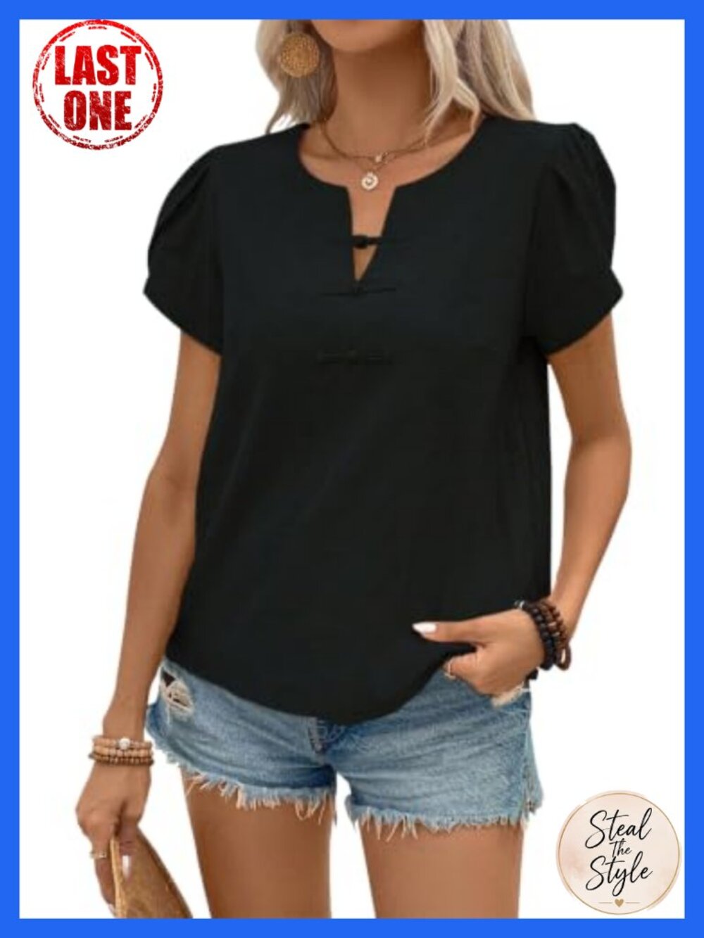 Womens Summer Henley V-Neck Petal Sleeve Blouse Casual Tunic Top